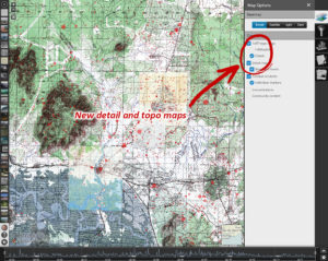 Access the new topo and detail maps using the Layers panel (as shown). Zoom in to see finer detail.